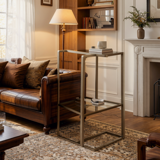 Sunvega Gilded Slim Console with Mirror and Glass Shelves for Entryway or Living Room