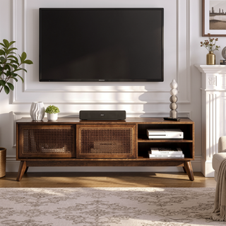 Sunvega Mid Century Modern Rattan Sideboard Cabinet with Adjustable Shelves and Solid Wood Feet