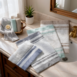 Sunvega Reversible Cotton Bath Rug with Plush Stripes and Textured Massage