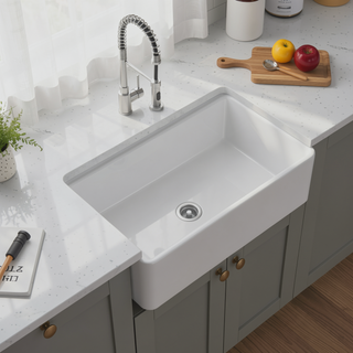 Sunvega 33 Inch White Porcelain Ceramic Farmhouse Kitchen Sink Workstation with Reversible Apron