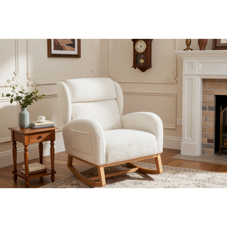 Sunvega Teddy Fabric Rocking Chair With Wood Legs For Living Room And Bedroom
