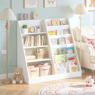 Sunvega Multifunctional 4 Tier Wooden Kids Bookshelf and Toy Storage Organizer with Display Stand