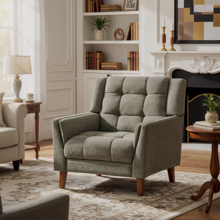 Sunvega Mid-Century Modern Armchair with Tufted Waffle Stitch and Tapered Brown Legs
