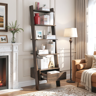Sunvega Dark Walnut Ladder Bookcase with One Drawer and Five Open Shelves