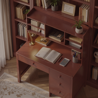 Sunvega Vintage 40 Inch Executive Desk and Upholstered Chair Set with Bookshelf