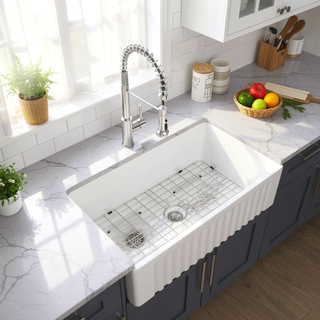 Sunvega 33 Inch White Porcelain Ceramic Farmhouse Kitchen Sink Workstation with Reversible Apron