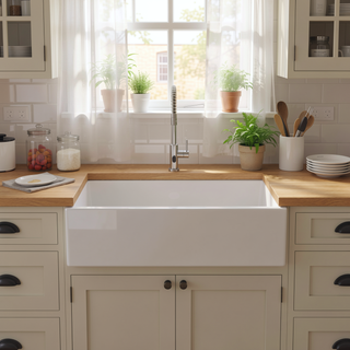 Sunvega 33 Inch White Porcelain Ceramic Farmhouse Kitchen Sink Workstation with Reversible Apron