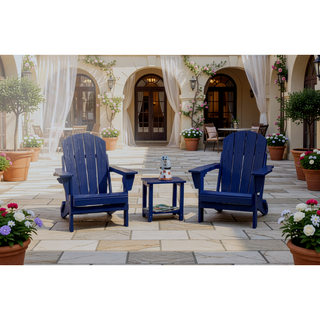Sunvega Folding Adirondack Chair Set with Wood Texture and Side Table in Navy Blue