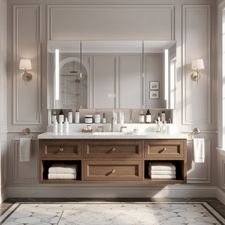 Sunvega Aluminium Medicine Cabinet Mirror with LED Light Defogging Function Cosmetic Storage Rack
