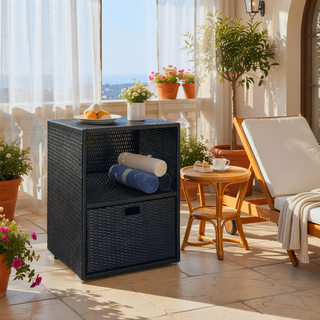 Sunvega Waterproof PE Rattan Wicker Pool Towel Rack with 2 Shelves and Drawer