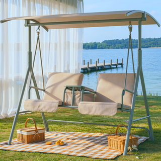 Sunvega Outdoor Porch Swing Chair with Canopy Table and Cup Holders for Two Adults