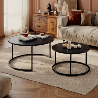 Sunvega Modern Faux Leather Round Nesting Coffee Table with Golden Metal Base Set of 2
