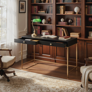 Sunvega White High Gloss Gold Finish Contemporary Vanity Desk with 2 Storage Drawers