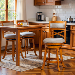 Sunvega 24 Inch Counter Height X-Back Swivel Stool with Beige Fabric Seat and Cherry Finish