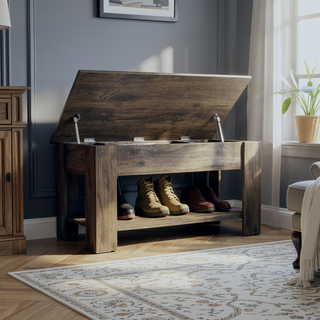 Sunvega Lift Top Storage Table with Lower Shelf and Metal Hinges in Dark Brown