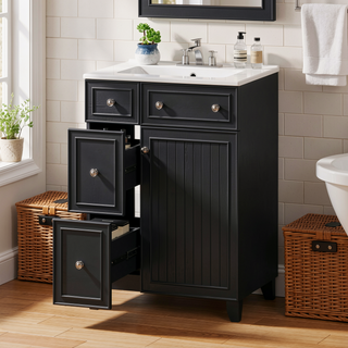 Sunvega 24-Inch Bathroom Vanity Cabinet with Ceramic Sink and Storage