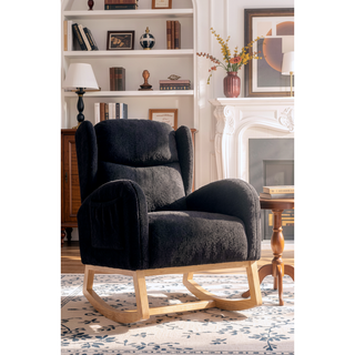 Sunvega Teddy Fabric Rocking Chair With Wood Legs For Living Room And Bedroom