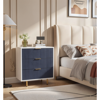 Sunvega Modern White and Navy Blue Fluted 3 Drawer Dresser with Wide Top for Bedroom