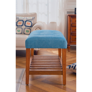 Sunvega Light Blue Fabric Upholstered Tufted Bench with Oak Finish Wooden Legs