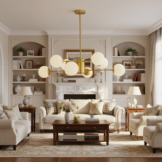 Sunvega Gold Chandelier with White Glass Globe Shades and Mid-Century Branching Design for Dining Room
