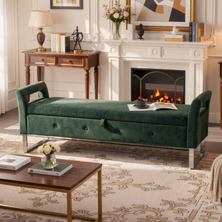 Sunvega Green Velvet Storage Soft Bench with Armrests for Living Room and Bedroom