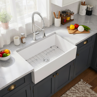 Sunvega 33 Inch White Porcelain Ceramic Farmhouse Kitchen Sink Workstation with Reversible Apron