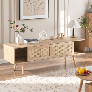 Sunvega Rattan Woven Coffee Table with Sliding Door Storage and Solid Wood Legs