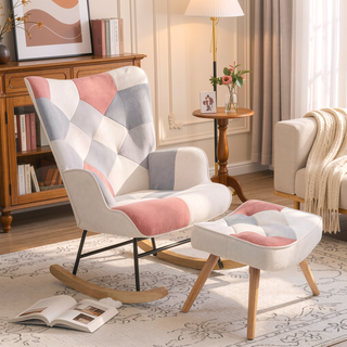 Sunvega Mid Century Patchwork Linen Fabric Rocking Chair with Ottoman for Livingroom Bedroom