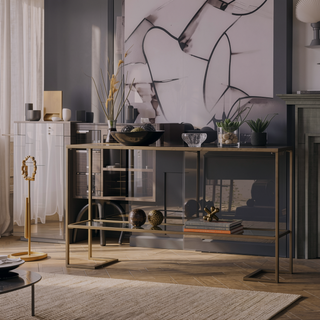 Sunvega Gilded Slim Console with Mirror and Glass Shelves for Entryway or Living Room