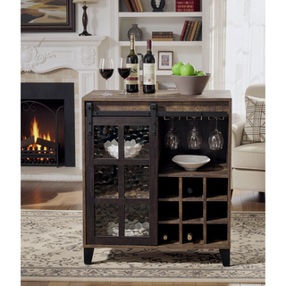 Sunvega Rustic Oak and Black Wine Cabinet with Obscure Glass Door