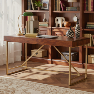Sunvega Modern Writing Desk with Walnut Brown Top and Unique Gold Metal Legs