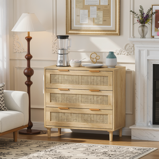 Sunvega Modern Oak Rattan Storage Cabinet with 3 Deep Drawers for Bedroom Living Room