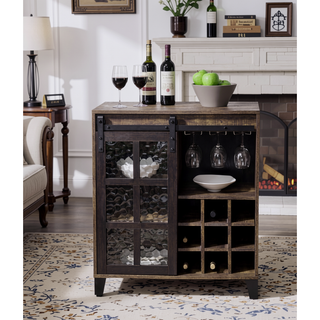 Sunvega Rustic Oak and Black Wine Cabinet with Obscure Glass Door