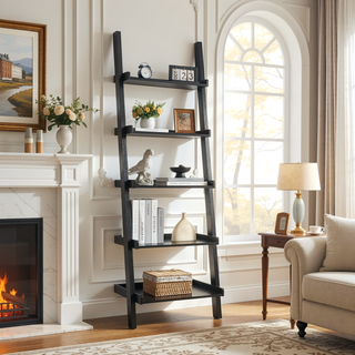 Sunvega Five Shelf Modern Ladder Bookcase with Multi Depth Shelves and Rounded Corners