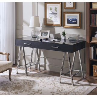 Sunvega Black High Gloss Writing Desk with USB Port and Two Storage Drawers