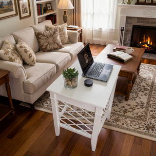 Sunvega White Writing Desk with Lattice Side Panels and Two Drawers