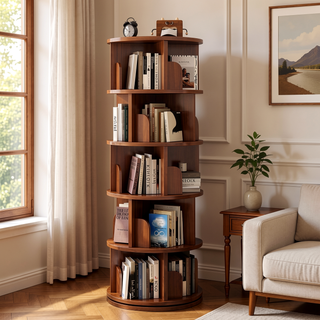 Sunvega 360° Rotating Bookshelf with Wheels and Drawer for Space-Saving Storage