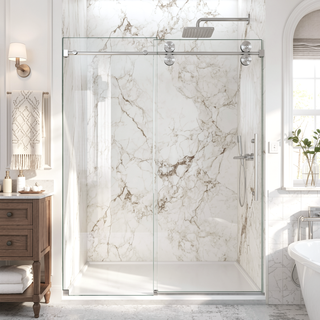 Sunvega Frameless Single Sliding Shower Door with 8mm Tempered Glass and Chrome Finish