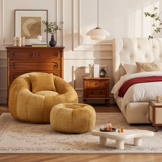 Sunvega Modern Pumpkin Shape Bean Bag Chair with Ottoman for Living Room