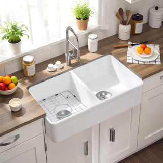 Sunvega Farmhouse Ceramic White Kitchen Double Basin Sink with Sound Dampening