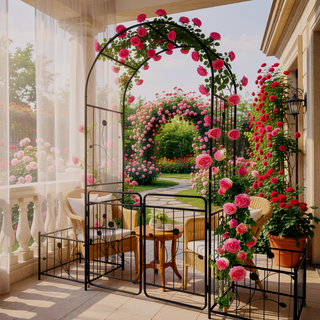 Sunvega Black Metal Garden Arch Trellis with Two Plant Stands for Climbing Plants