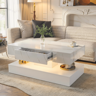 Sunvega Modern Swivel Square Coffee Table with Rotatable Top and Two Drawers