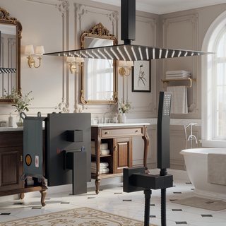 Sunvega Ceiling Mount Square Rainfall Shower System with Handheld Spray and Matte Black Finish