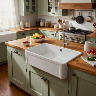 Sunvega 33 Inch White Porcelain Ceramic Farmhouse Kitchen Sink Workstation with Reversible Apron