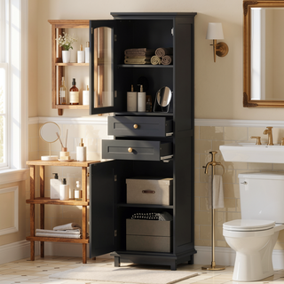 Sunvega Modern 63 Inch Tall Bathroom Storage Cabinet with Glass Doors and Two Drawers