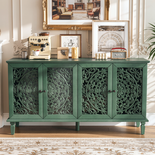 Sunvega Antique Green Buffet Cabinet with Floral Carvings and Solid Wood Legs for Living Room