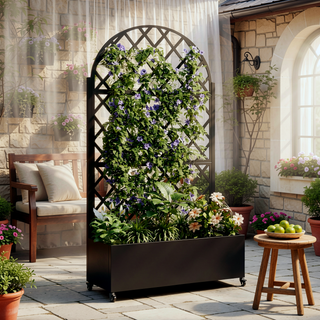 Sunvega Metal Planter Box with Trellis Raised Garden Bed on Wheels for Climbing Plants