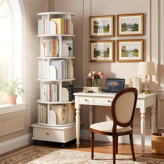 Sunvega 360° Rotating Bookshelf with Wheels and Drawer for Space-Saving Storage