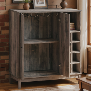 Sunvega Weathered Acacia Wood Wine Cabinet with Two Doors and Storage Cubbies