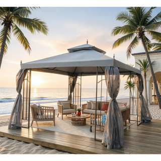 Sunvega Patio Gazebo with Corner Shelves Double Roof Canopy and Mesh Netting